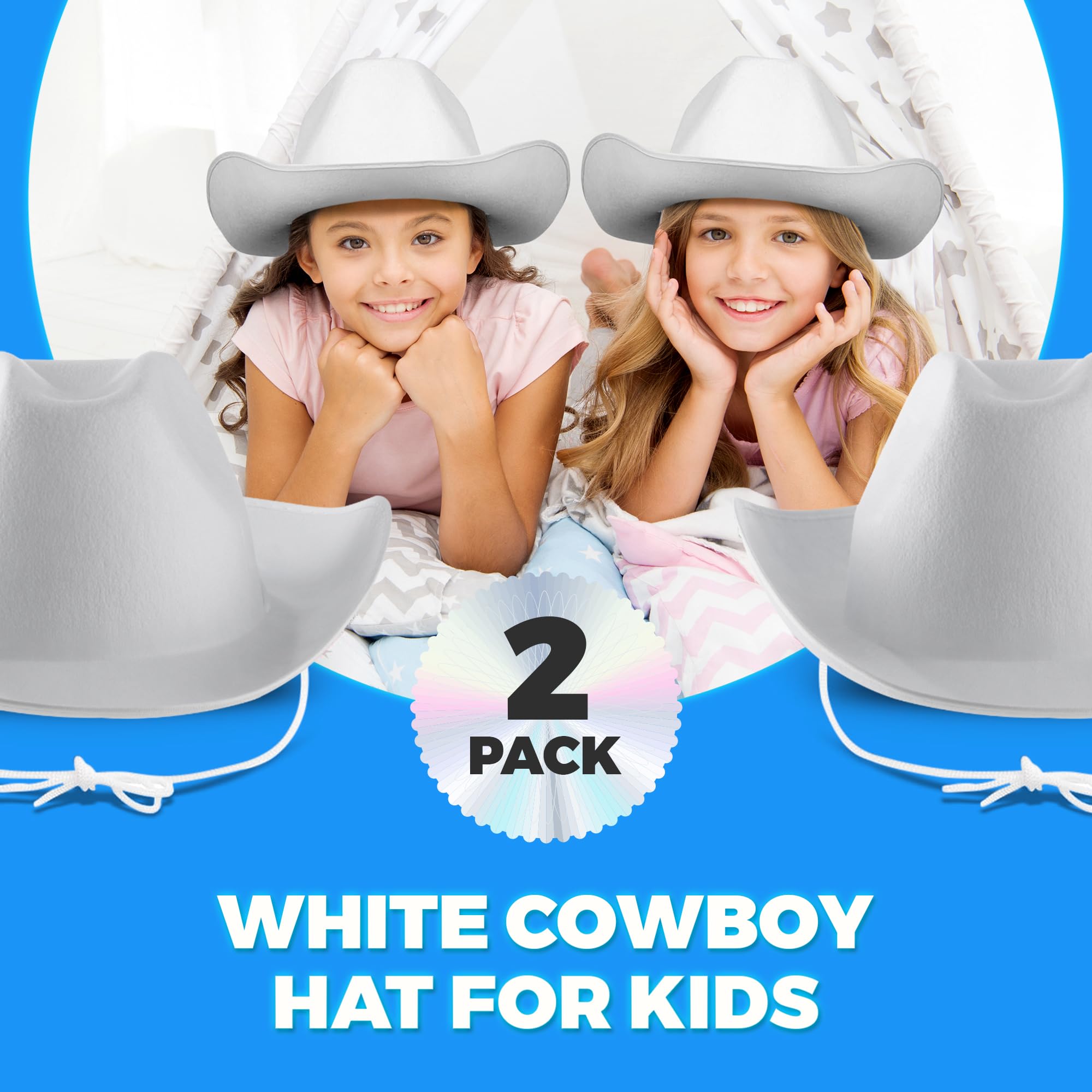 White Felt Cowboy Hats (2-Pack) with Neck Drawstring for Kids' Dress-Up, Costumes, Crafts, and Parties